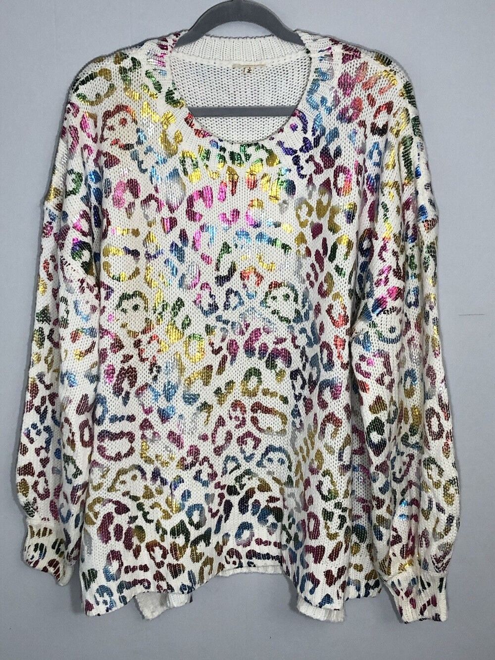 JODILF Chunky Knit Metallic Rainbow Print Leopard Oversized Sweater Sz L EUC